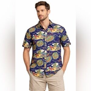HUF Hawaiian Button Down Shirt XL 100%‎ Cotton Tropical Aloha Print Blue Surf